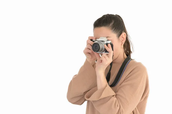Beautiful Young Girl Taking Picture Vintage Camera Isolated White Background — Stock Photo, Image