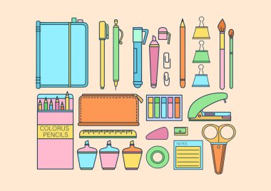 Okul ve üniversite için vektör ögeleri seti. Kağıt, not defteri, kalem, kalem. Parlak renkler, düz çizgi film biçimi.