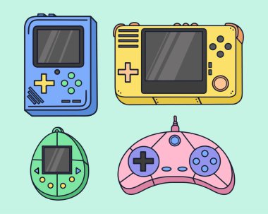 Retro oyun konsolları seti. Tamagotchi, av alanı, av hayvanı, kontrolör. Basit, çizgi film tarzı. Tasarım ve çizimler için elementler.