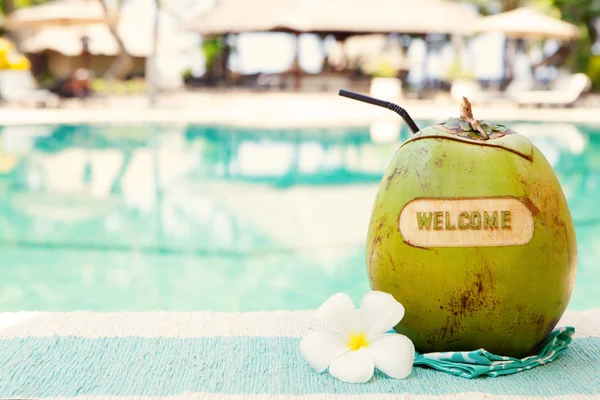 Green coconut with carving welcome on a swimming pool summer background Copy space