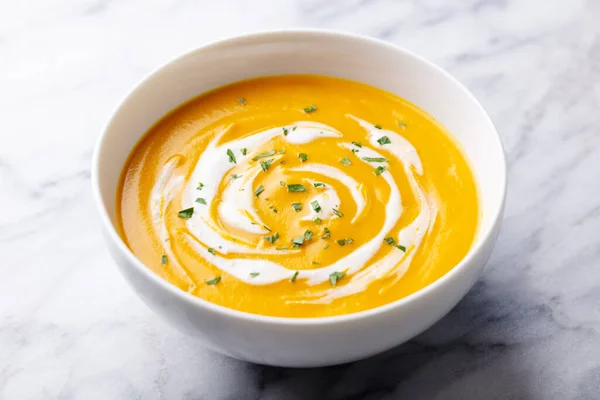 Pumpkin soup with cream. Marble background. Close up. — Stock Image Pumpkin soup with cream. Marble background. Close up. Royalty Free Stock Photos