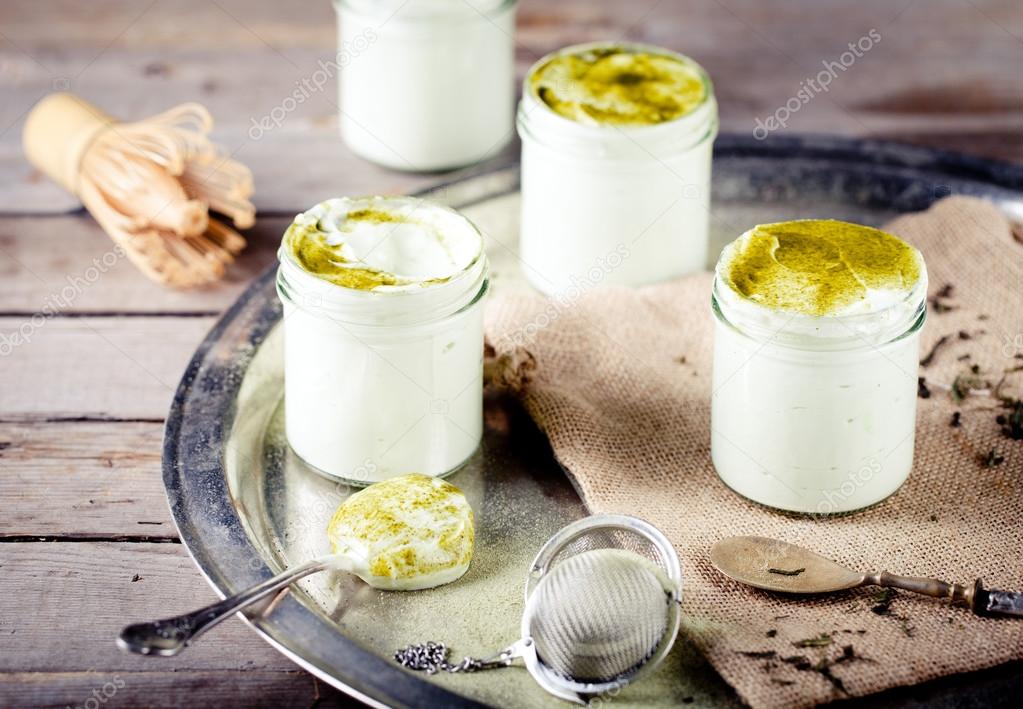 Green tea matcha yogurt, dessert in glass jars — Stock Photo © anna