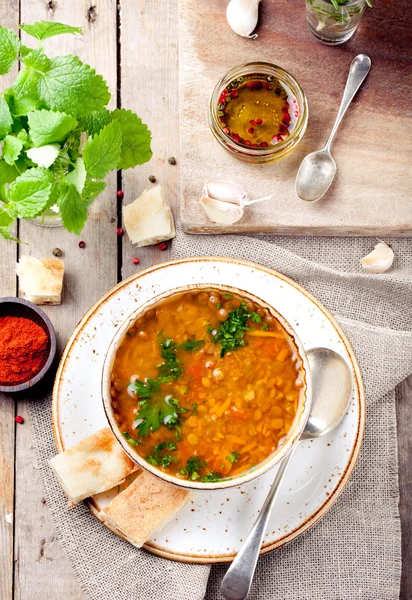 Lentil soup with smoked paprika and bread — Stock Image Lentil soup with smoked paprika and bread Stock Picture