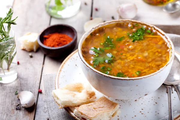 Lentil soup with smoked paprika and bread — Stock Image Lentil soup with smoked paprika and bread Stock Image