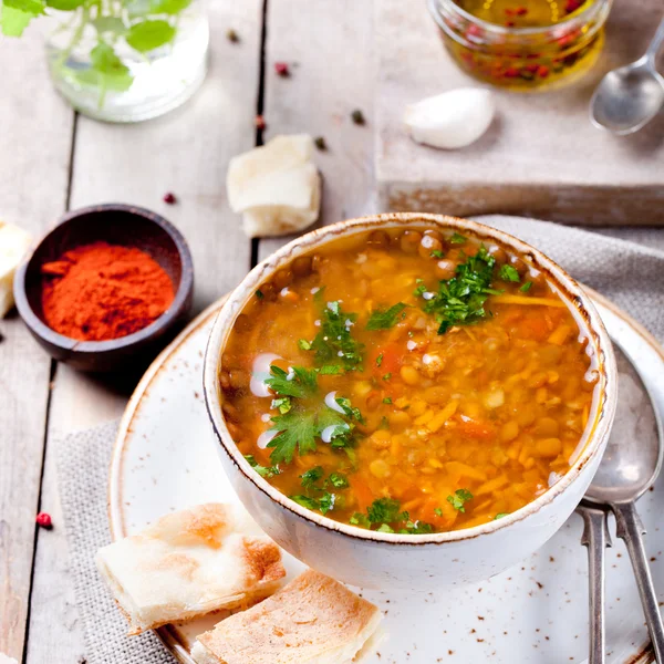 Lentil soup with smoked paprika and bread — Stock Image Lentil soup with smoked paprika and bread Stock Image