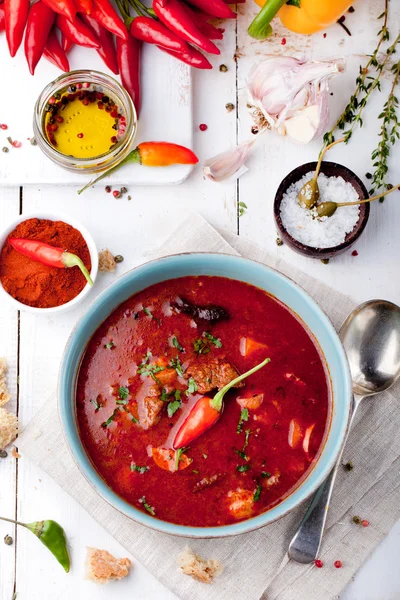 Goulash, beef, tomato, pepper, chili, smoked paprika soup. — Stock Image Goulash, beef, tomato, pepper, chili, smoked paprika soup. Royalty Free Stock Photos