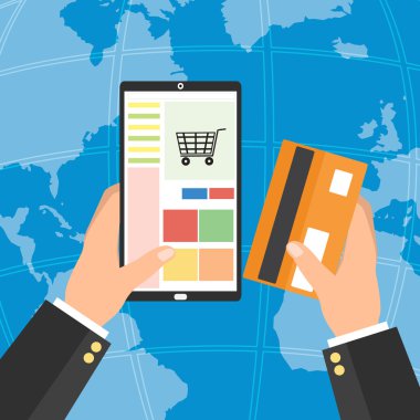 Tablet akıllı telefon ve online ödeme için kredi kartı tutan işadamı