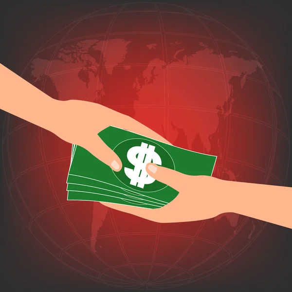 Рука дать банкноты деньги AKE взятка от партнера на красной карте мира — стоковый вектор