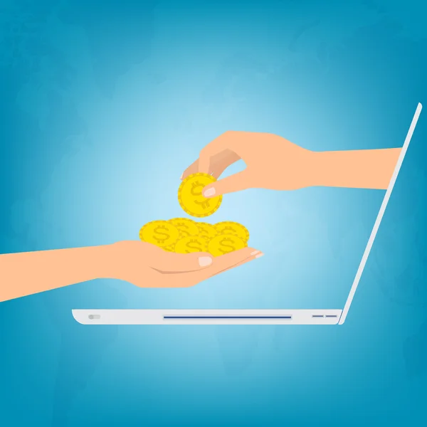Hand van laptop computer putting gouden geld munten bij de hand — Stockvector
