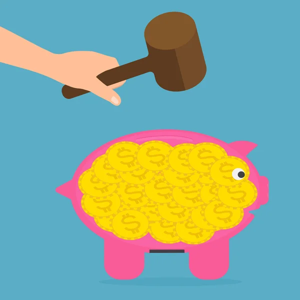 Hand Hold houten hamer voor vernietigen Piggy Bank. — Stockvector