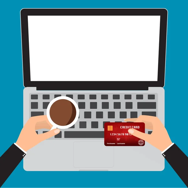 Homem de negócios mão segurando xícara de café e cartão de crédito para pagamento on-line no laptop notebook pc . —  Vetores de Stock