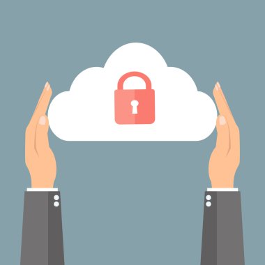 Bulut ile kırmızı ana anahtar kilit tutan işadamı.