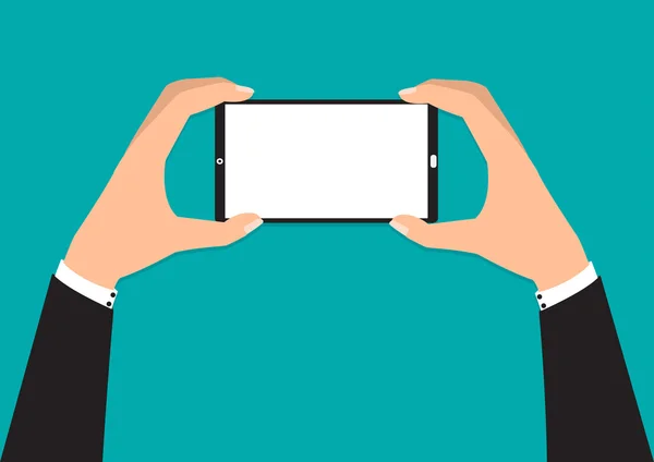 Επιχειρηματίας χέρια που κρατούν smartphone λαμβάνοντας μια φωτογραφία σε πράσινο φόντο. — Διανυσματικό Αρχείο