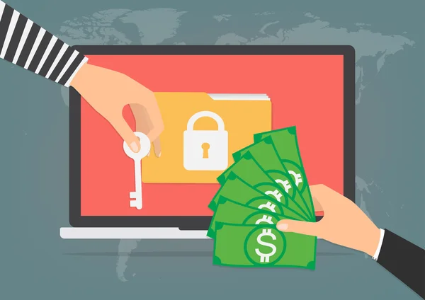 Empresario mano sosteniendo el billete de dinero para pagar la llave de hacker — Vector de stock