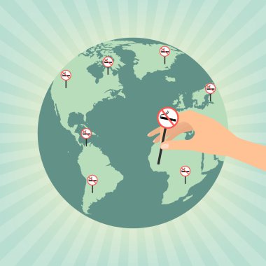 Human hand putting no smoking sign on globe wold map on sun rays background. clipart