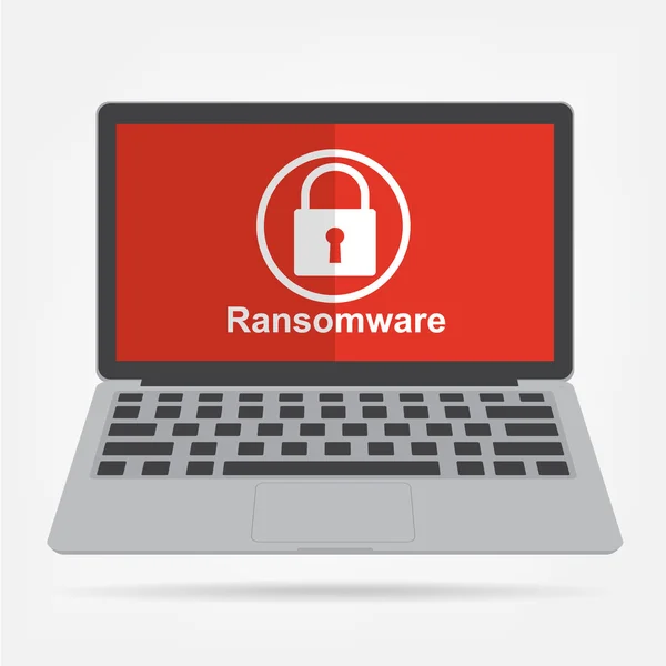 Laptop komputer dengan ikon kunci virus perangkat perusak ransomware pada latar belakang layar merah . - Stok Vektor