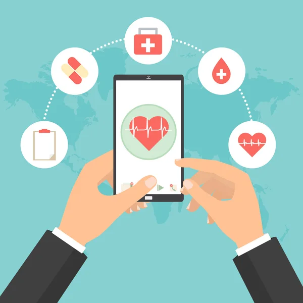 Las manos del hombre de negocios apuntan a la pantalla de la tableta del teléfono inteligente para el concepto de comprobación de salud de la tecnología de telemedicina . — Vector de stock