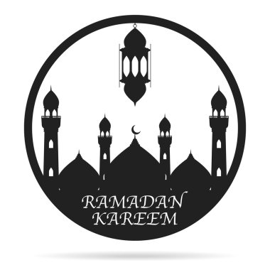 Siyah Camii ve fener beyaz arka plan üzerinde bir dairede. Vektör çizim mutlu Ramazan Kareem tebrik kartı tasarımı.
