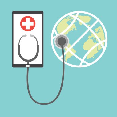 Akıllı telefon tablet beyaz haç ve Teletıp ve telehealth teknoloji dünya online teşhis kavramı için stetoskop ile. Vektör çizim sağlık konsept tasarımı.