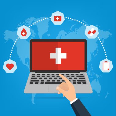 İş adamı el bilgisayar laptop için Teletıp ve telehealth kavramı üzerine gelin. Vektör çizim internet şeyler teknoloji Trend bulut.