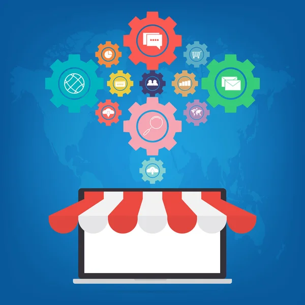 Számítógép laptop napellenző online áruház online vásárlás fogaskerék ikonra a kék háttér, a world map csatlakozik. Vektoros illusztráció E-kereskedelmi omnichannel online vásárlás koncepció. — Stock Vector