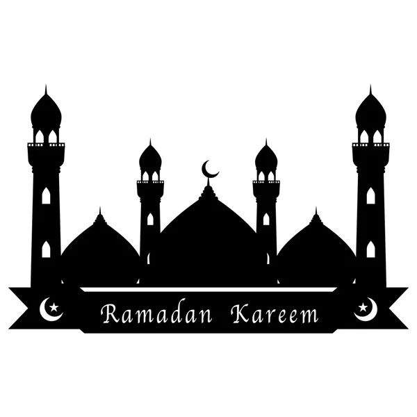 Svart moskén och måne och stjärna med band på vit bakgrund. Vektor illustration glad Ramadan Kareem gratulationskort design. — Stock vektor