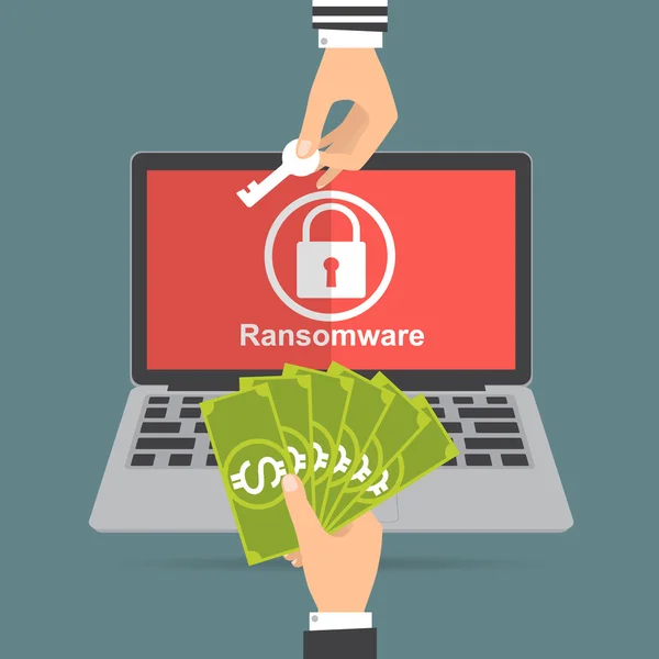 Hand holding money banknote for paying the key from hacker for unlock folder got ransomware malware virus computer. Vector illustration technology data privacy and security concept. — Stock Vector