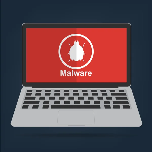 Ordenador portátil con virus de malware icono de la computadora en el fondo rojo. Tecnología de ilustración vectorial privacidad de datos y concepto de seguridad . — Archivo Imágenes Vectoriales