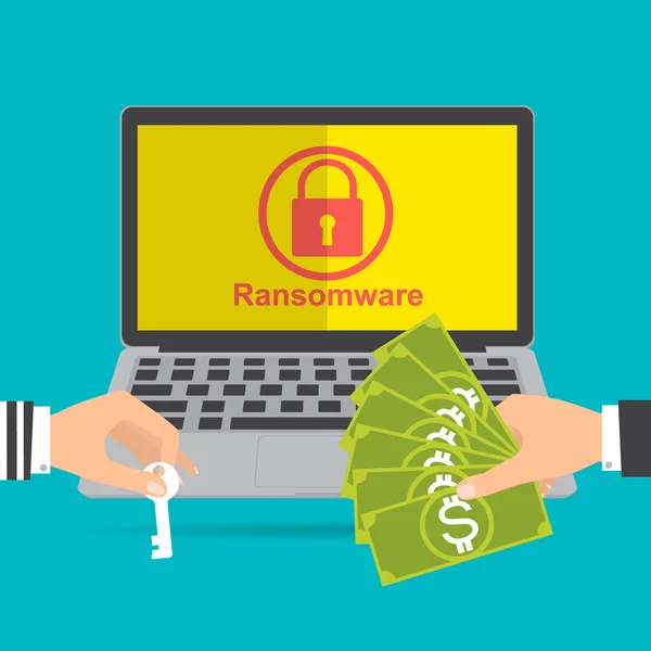 Businessman hand holding money banknote for paying the key from hacker for unlock folder got ransomware malware virus computer. Vector illustration technology data privacy and security concept. — Stock Vector