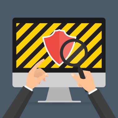 Büyüteç için bul bilgisayar güvenlik korumalı bilgisayar virüsü kavramı için işadamı ellerini tutun. 