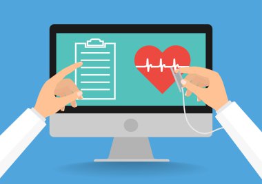Doktor eller stetoskop ve Teletıp kavramı mavi arka plan üzerinde işaretleme bilgisayar ekran ile.