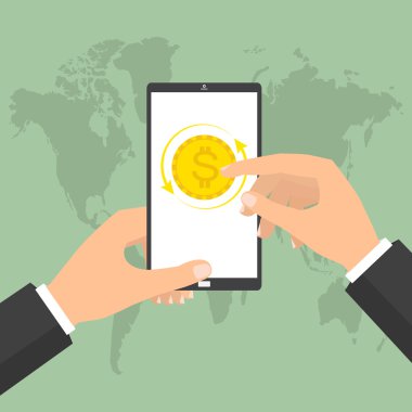 Akıllı telefon mobil online Döviz alışverişi için tutan işadamı el.