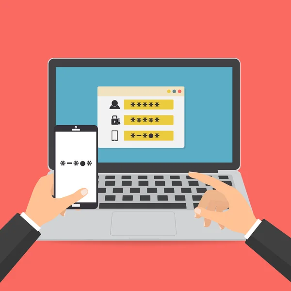 La mano humana sostiene el teléfono inteligente con el código sms para iniciar sesión en el sistema en el ordenador portátil protegido con contraseña . — Archivo Imágenes Vectoriales