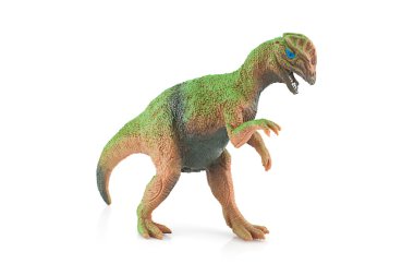 Beyaz izole Dilophosaurus dinozor oyuncak figür.