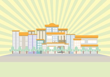 Şehir bina ve sun ray düz tasarım yumuşak ışık renk tonu ile