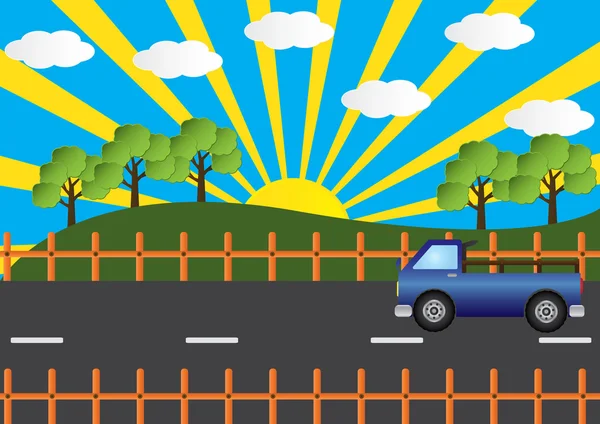 Vrachtwagen auto op landweg prachtige landschap met sun ray. — Stockvector