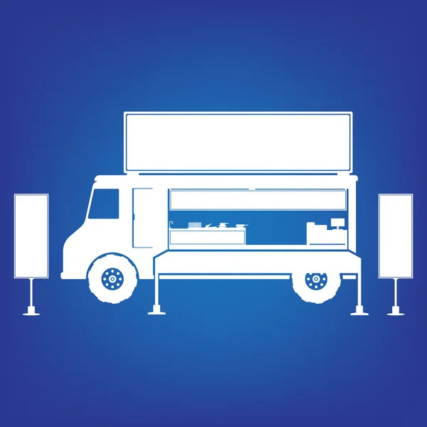 Voedsel vrachtwagen in witte kleur op blauwe achtergrond. Platte ontwerp vector — Stockvector