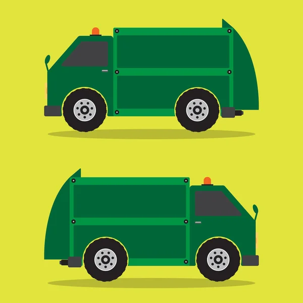 Vuilniswagen platte ontwerp in groene kleur. Vectorillustratie. — Stockvector