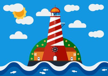 Deniz feneri vektör çizim ile güneş ve bulut ile açık gökyüzü mavi denizlerde.