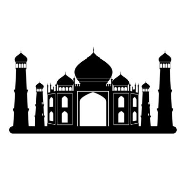 Taj mahal Tapınağı siyah ve beyaz. Vektör çizim.