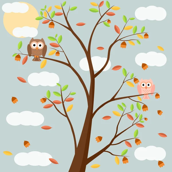 Gufi sugli alberi nella stagione autunnale e manzo cadono di notte. Illustrazione vettoriale design piatto . — Vettoriale Stock