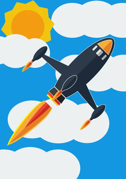 Vector illustratie platte ontwerp van blauwe ruimteschip raket lunch op een achtergrond van de hemel en de wolk en de zon. — Stockvector
