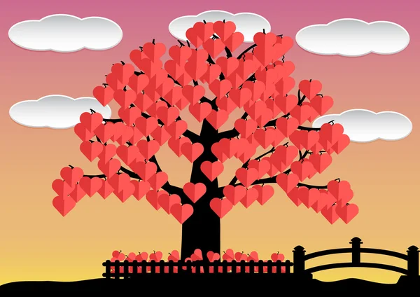 Любви дерево красное сердце листья в саду с облаком и мостом. Векторная иллюстрация . — стоковый вектор