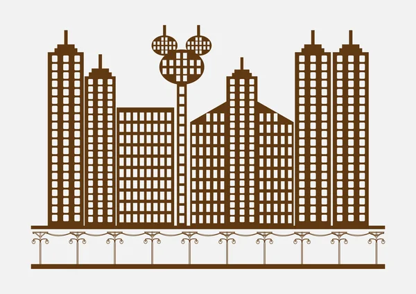 Diseño plano de edificio en paisaje urbano. Ilustración vectorial . — Vector de stock