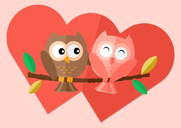 Sweetheart owls  with love on tree  and two red hearts in background vector flat illustration. — Stock Vector