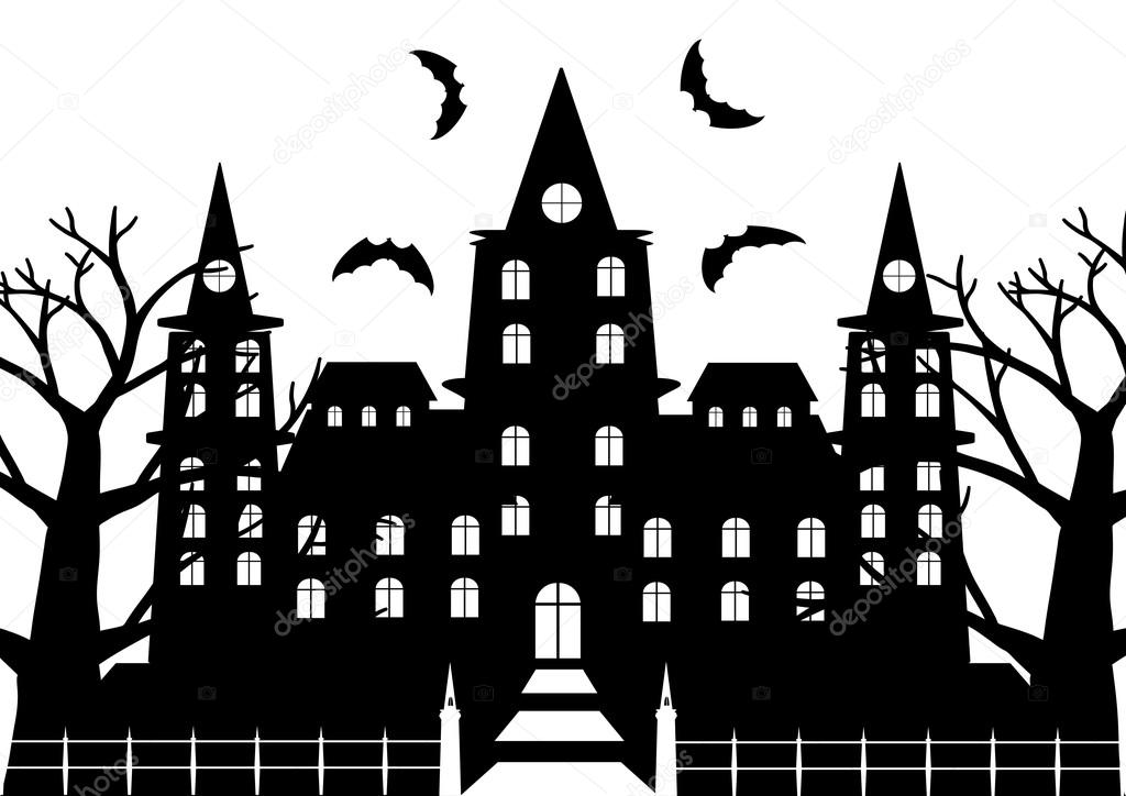 Black and white of horror castel with dead tree and bats flaying