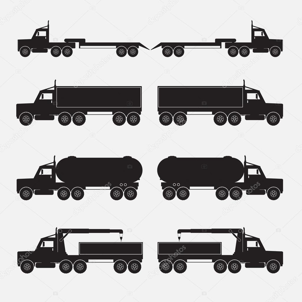 Set of truck trailer black icons. Vector illustration.