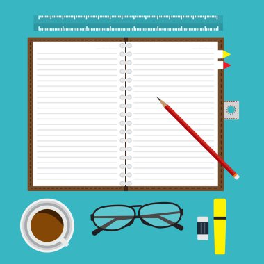 Açılan defter satır ve kırmızı kalem ile boş üstten görünüm üzerinde de