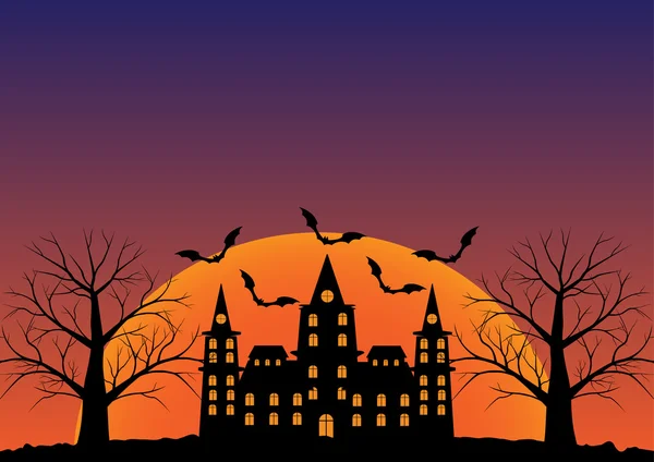 Castillo con murciélagos volando y árbol muerto en crepúsculo al amanecer. Ve. — Vector de stock