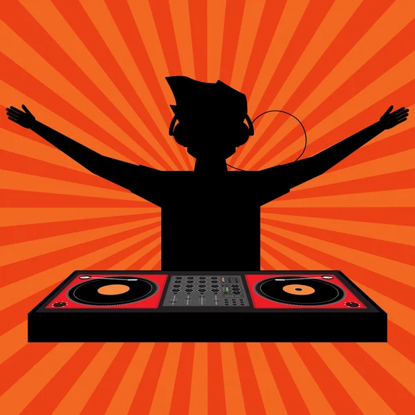 Black shadow of cheering DJ with headphone raising his arms and — Stock Vector